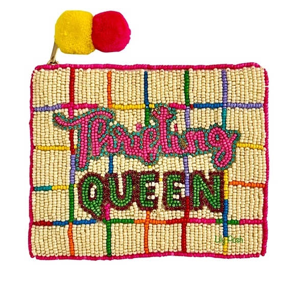 Thrifting Queen Rhinestone Seed Bead Coin Purse, Beaded Bag Lily Posh - Picture 1 of 4